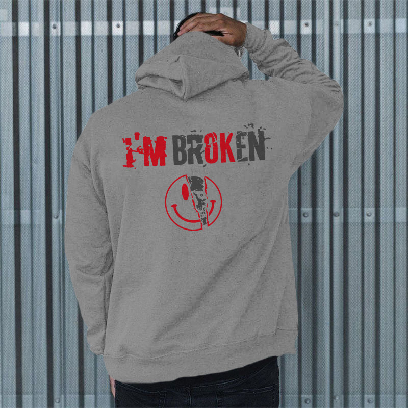 Vintage I'm Broken Letters Skull Print Men??s Hoodie