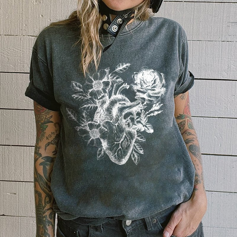 HEART ROSE PRINT WOMEN'S T-SHIRT