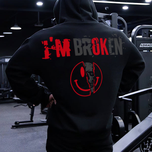 Vintage I'm Broken Letters Skull Print Men??s Hoodie