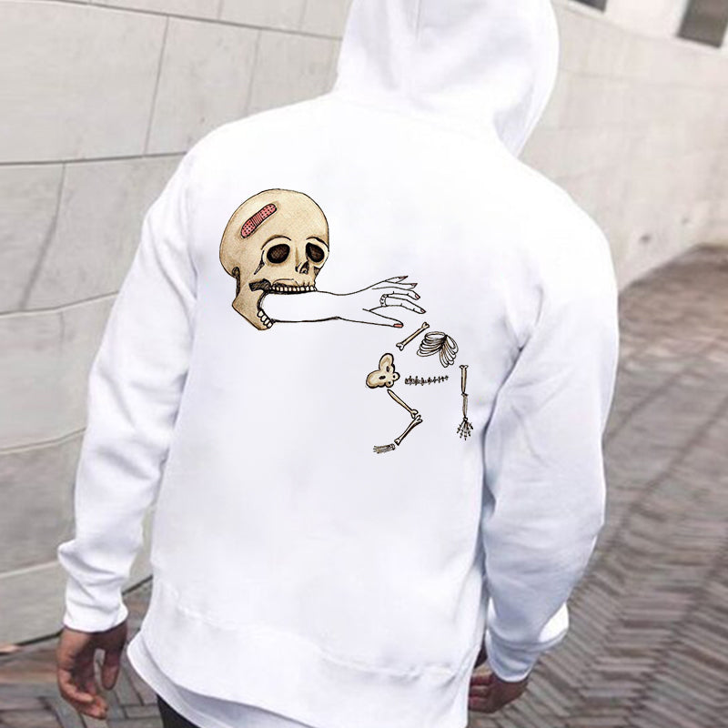 Spooky Broken Skeleton Print Plain Design White Hoodie